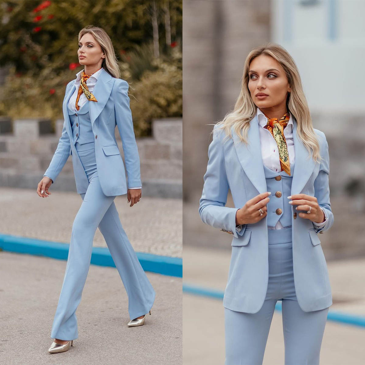 Women Formal Wear With Tie - Costume formel pour femme bleu ciel,