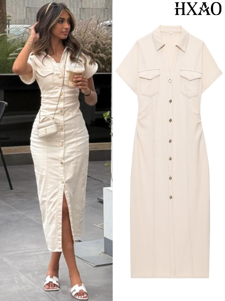 Women Formal Office Wear Tops - HXAO Denim femmes robe bouton blanc