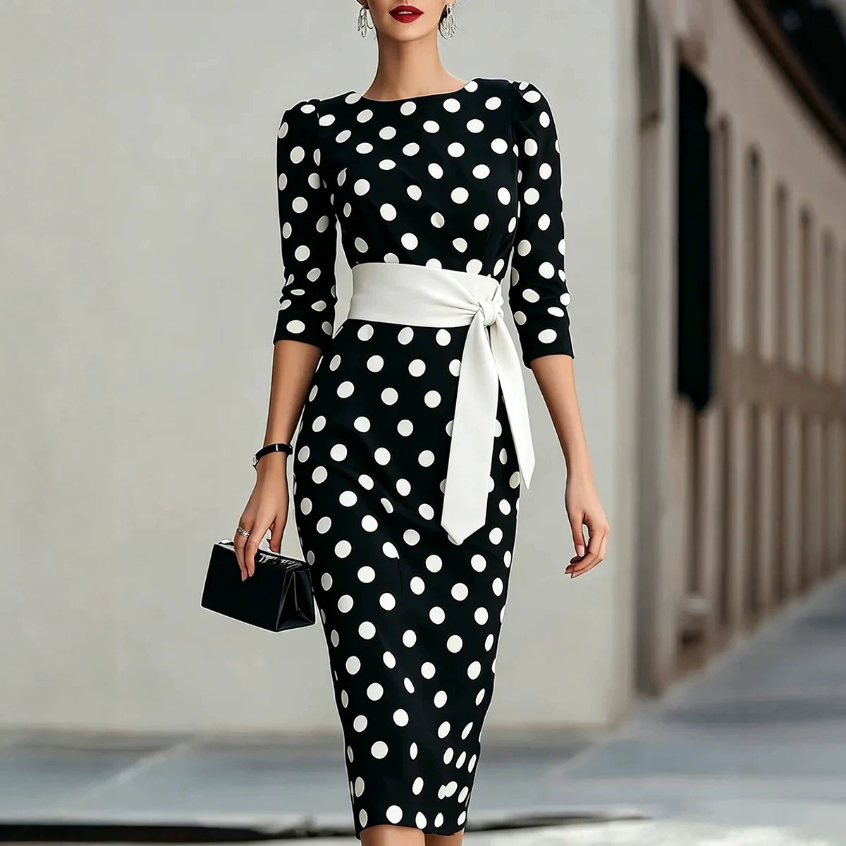 Women Formal Office Wear Tops - Robe midi élégante pour femme, noire