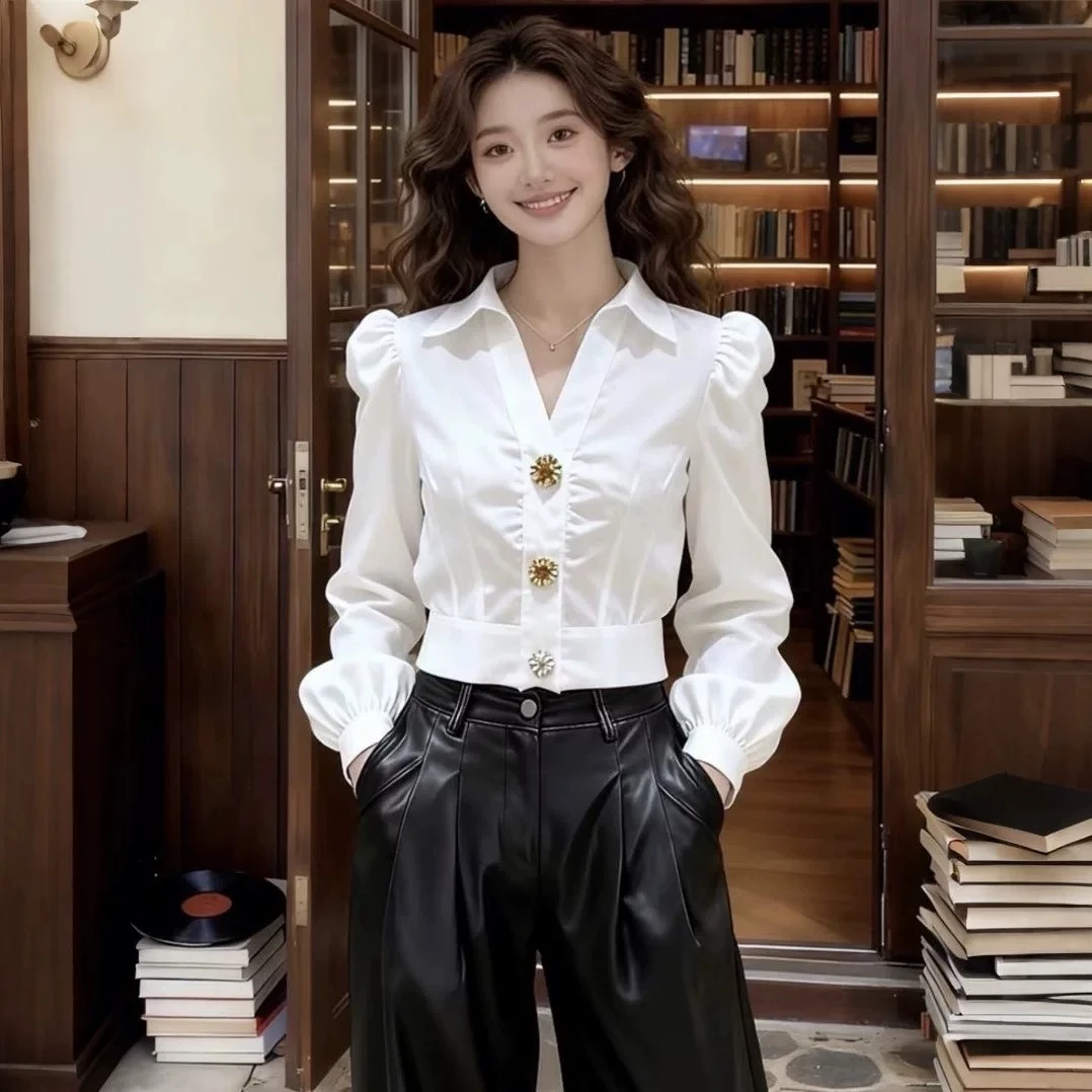 Women Formal Office Wear Tops - Chemisier Blanc Élégant Col V pour