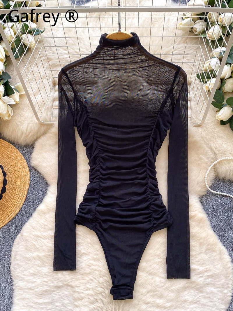 Turtleneck Bodysuit Office - Body sexy gris en maille froncé