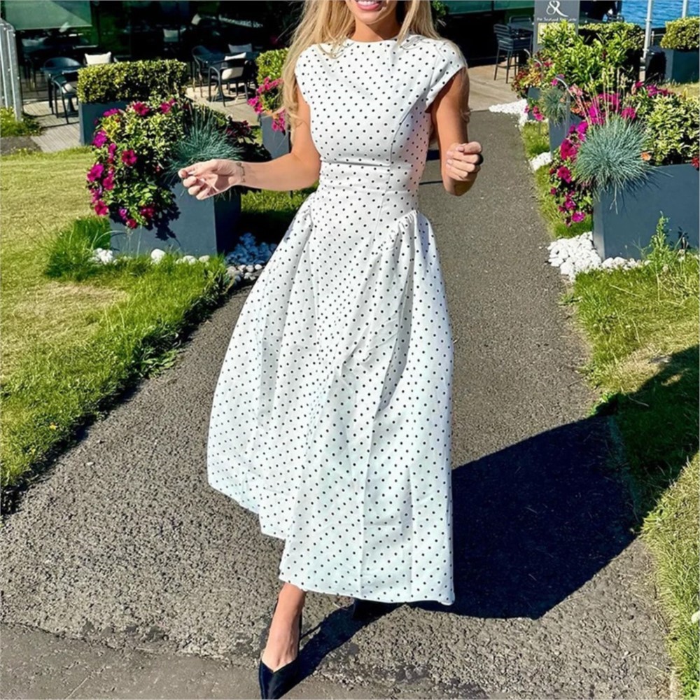 Women Formal Office Wear Tops - Robe Courte Blanche Imprimée à Pois