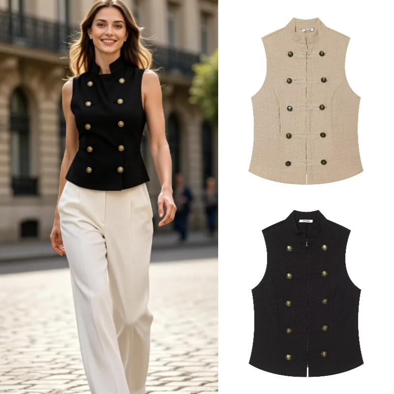 Women Formal Blouses For Evening Wear - Chemise sans manches boutonnée ajustée pour