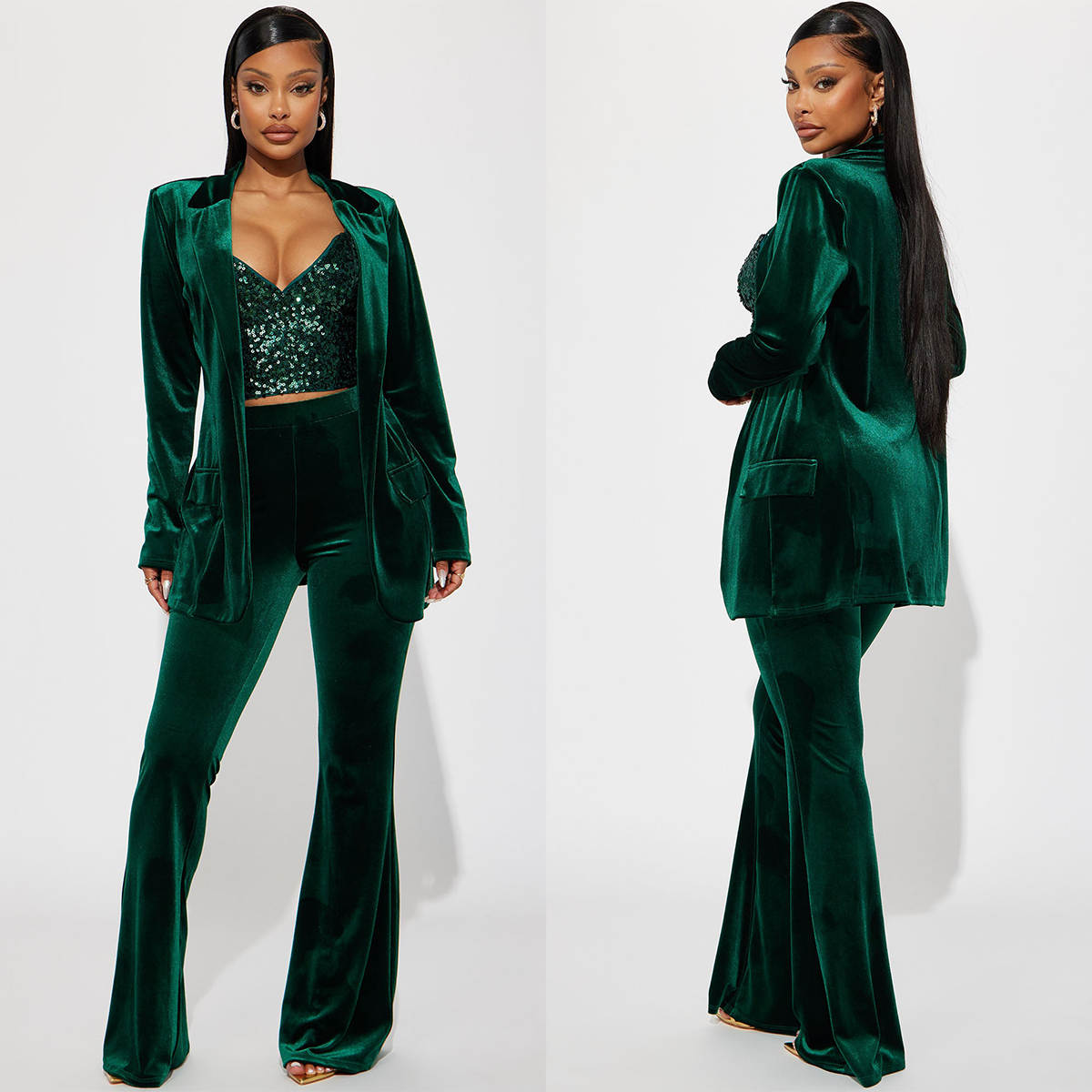 Women Formal Wear With Tie - Costume en velours vert pour femmes,