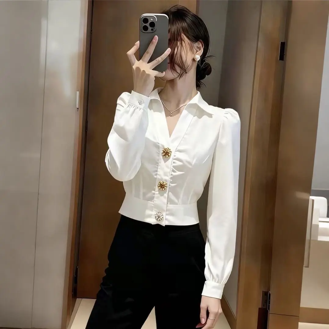 Chemisier Blanc Élégant Col V  - Women Formal Office Wear Tops avis et prix