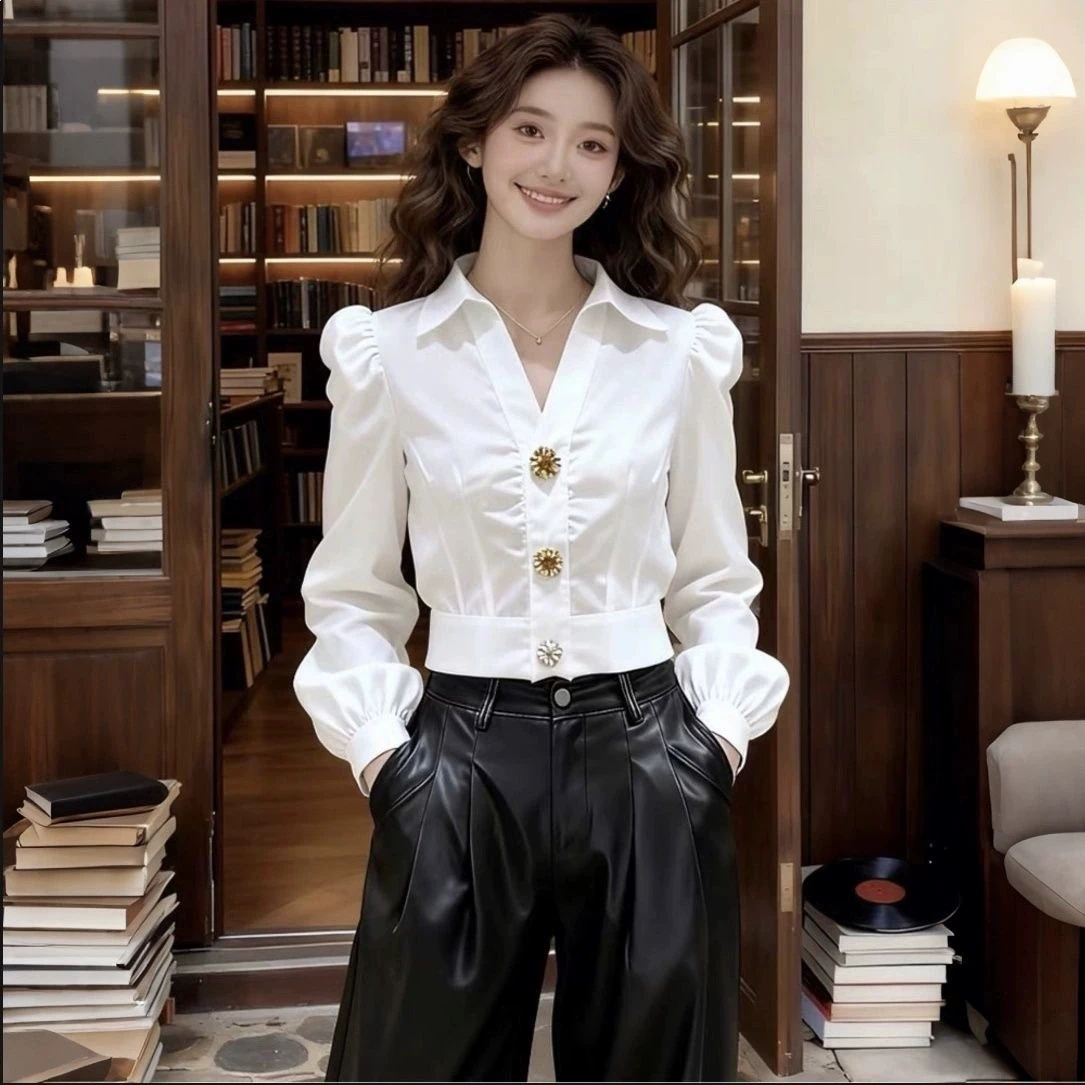 Chemisier Blanc Élégant Col V  - Women Formal Office Wear Tops avis et prix