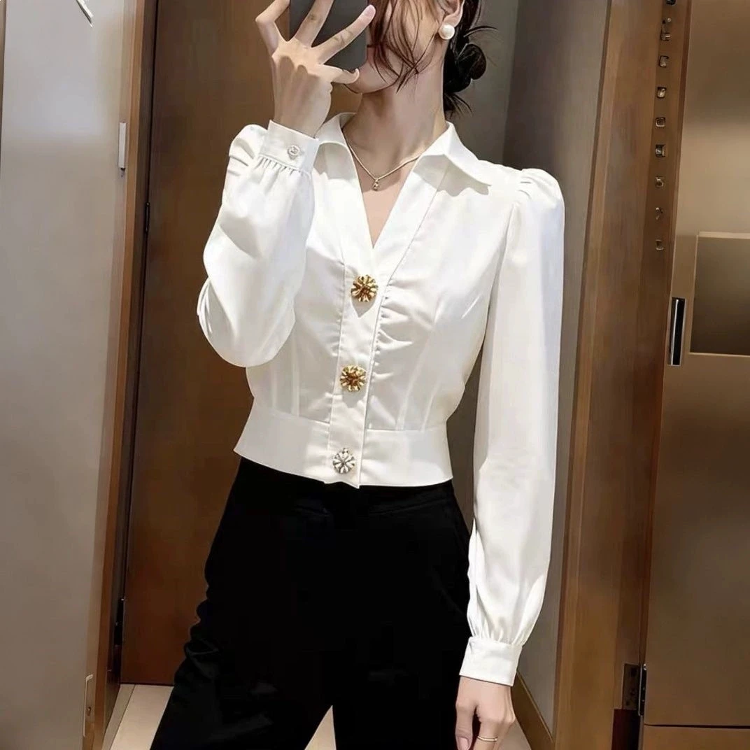Chemisier Blanc Élégant Col V  - Women Formal Office Wear Tops avis et prix